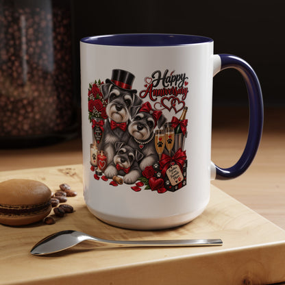 Happy Anniversary Dog Coffee Mug — Cute Pups, Champagne & Roses Accent Mug