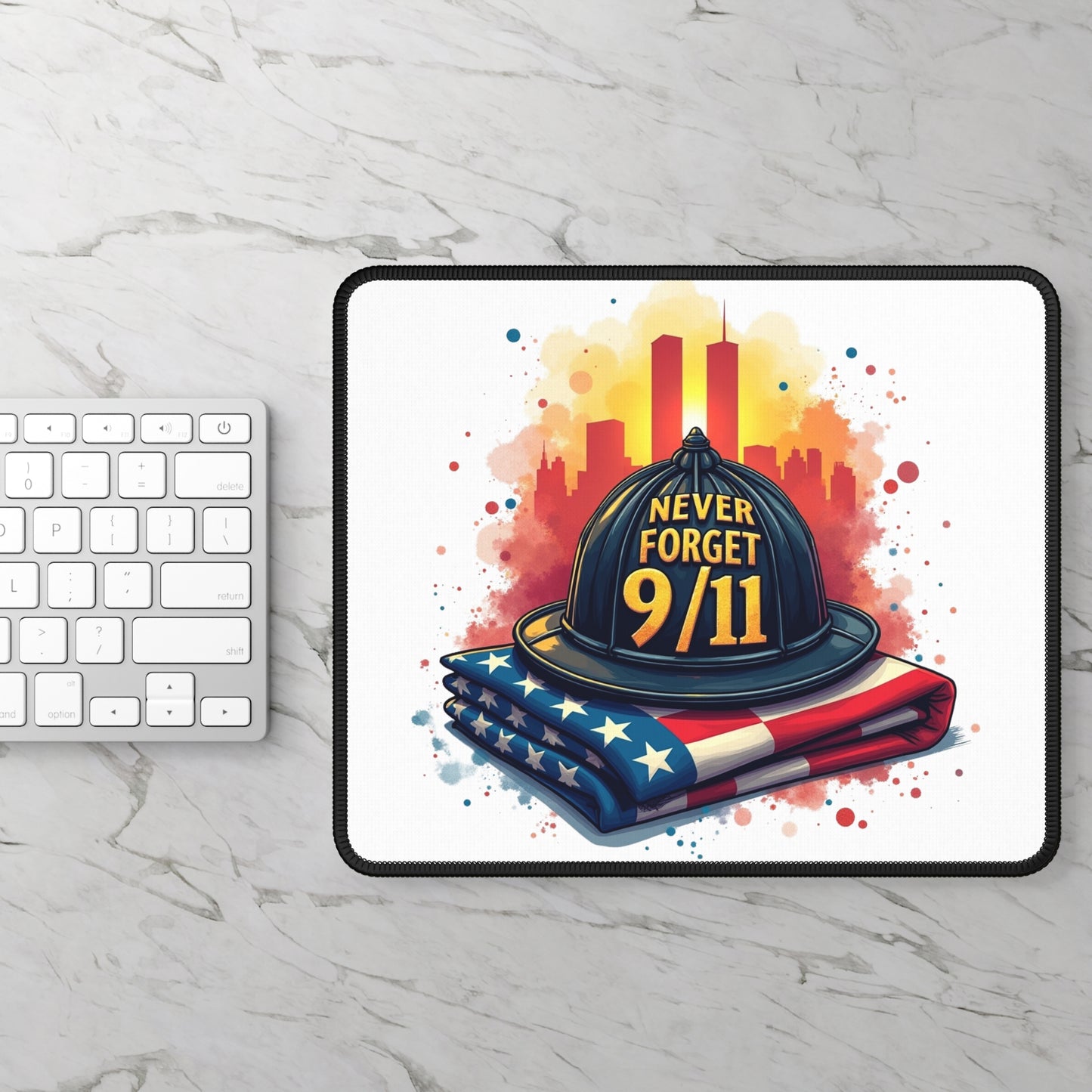 Never Forget 9/11 Gaming Mouse Pad — Patriotic Firefighter Tribute