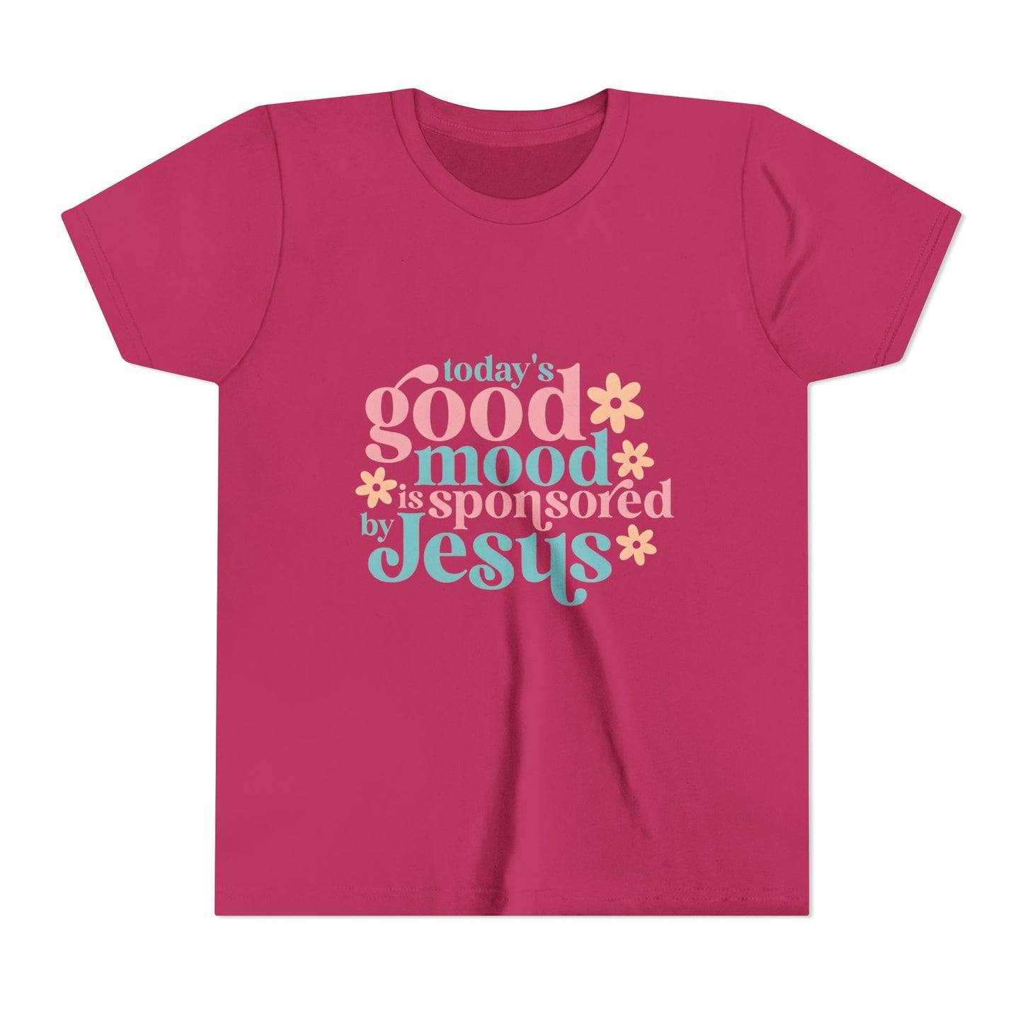 Youth Tee – "Today's Good Mood is Sponsored by Jesus" Retro Floral Christian Shirt