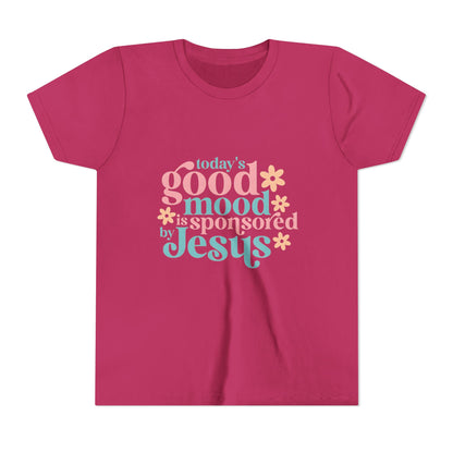 Youth Tee – "Today's Good Mood is Sponsored by Jesus" Retro Floral Christian Shirt