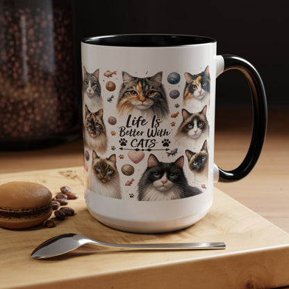 Life Is Better With Cats Accent Coffee Mug — Cat Lover Ceramic Mug (11/15oz)