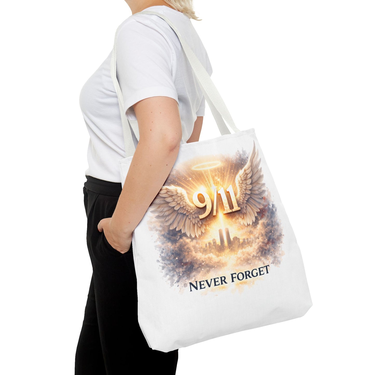 9/11 Memorial Tote Bag – 'Never Forget' Angel Wings Tribute