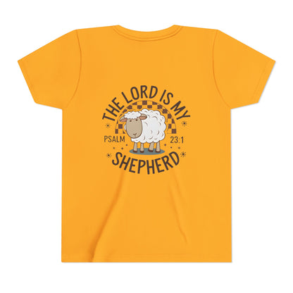 Youth Tee — "The Lord Is My Shepherd" Psalm 23:1 Christian Kids T‑Shirt (Sheep Design)