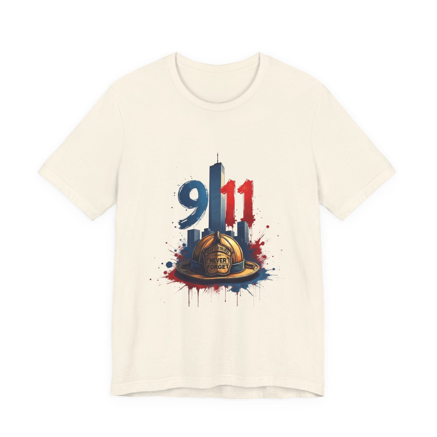 9/11 Firefighter Memorial Tee — Tribute T-Shirt with Helmet & Twin Towers Design