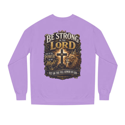 Christian Crewneck Sweatshirt — “Be Strong in the Lord” Cross & Lion Faith Pullover