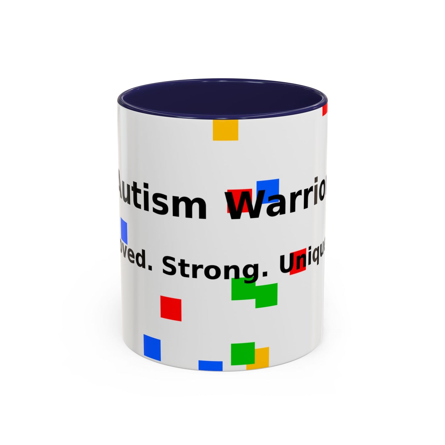 Autism Warrior Accent Coffee Mug – Bold Puzzle Pieces, Proud. Strong. Unique. (11/15oz)