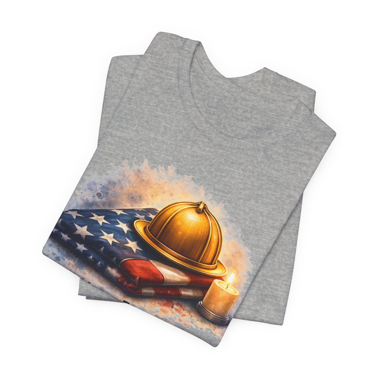 Never Forget Memorial T‑Shirt — Firefighter Helmet & Flag Tribute