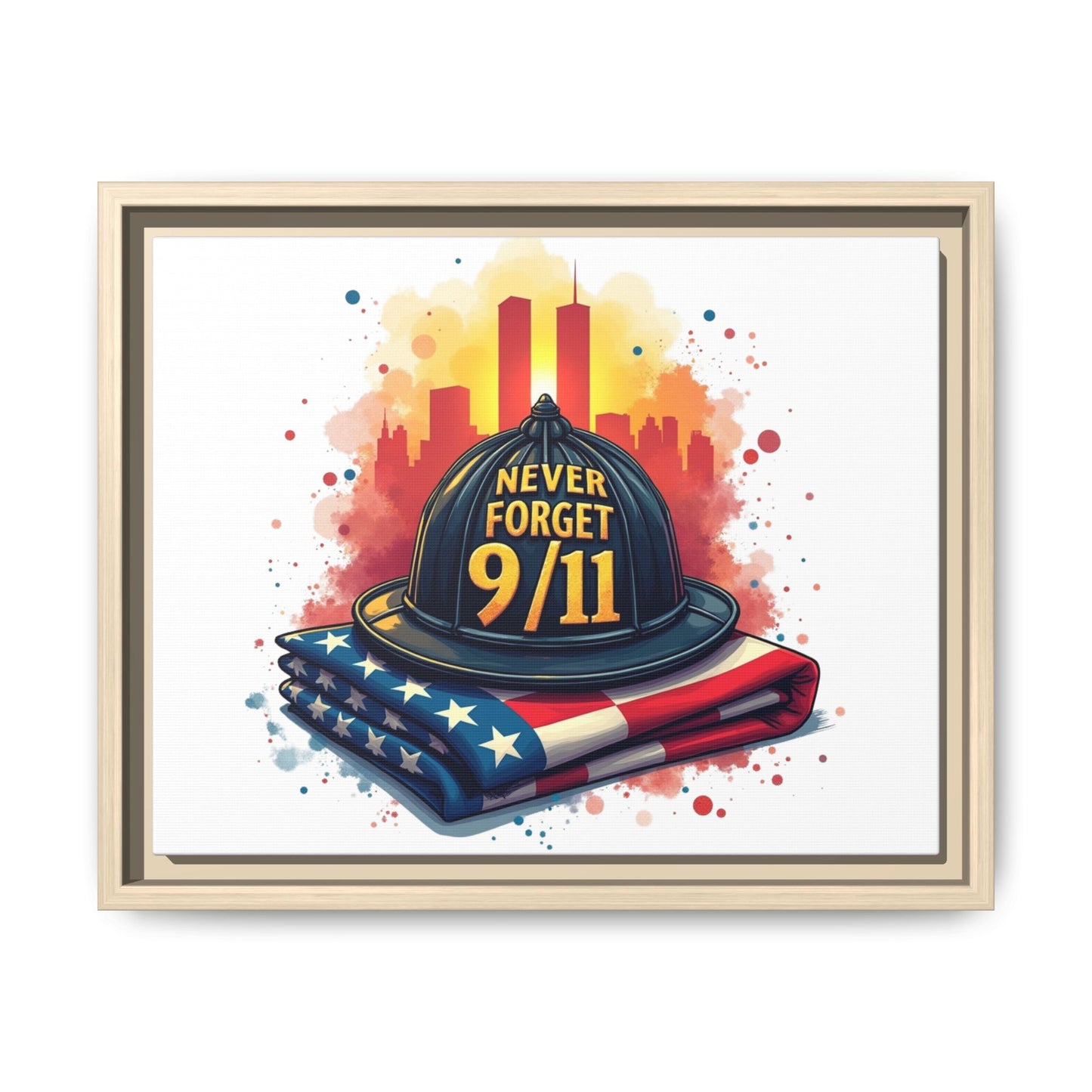 Never Forget 9/11 Framed Canvas Print — Firefighter Helmet & American Flag Memorial Art