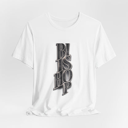 Bishop Vertical Script Tee — Vintage Gothic Lettering T-Shirt