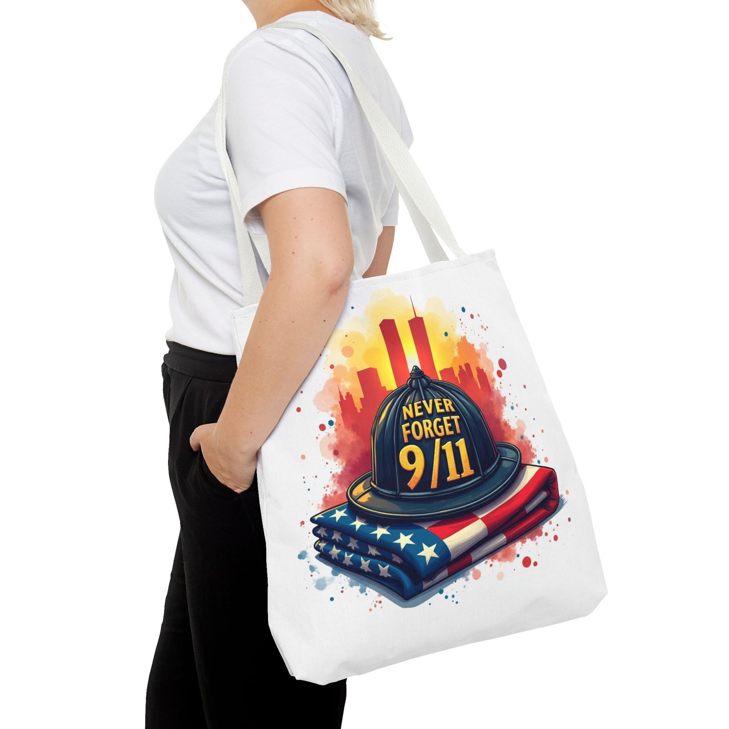 Never Forget 9/11 Memorial Tote Bag — Firefighter Helmet & Flag Tribute