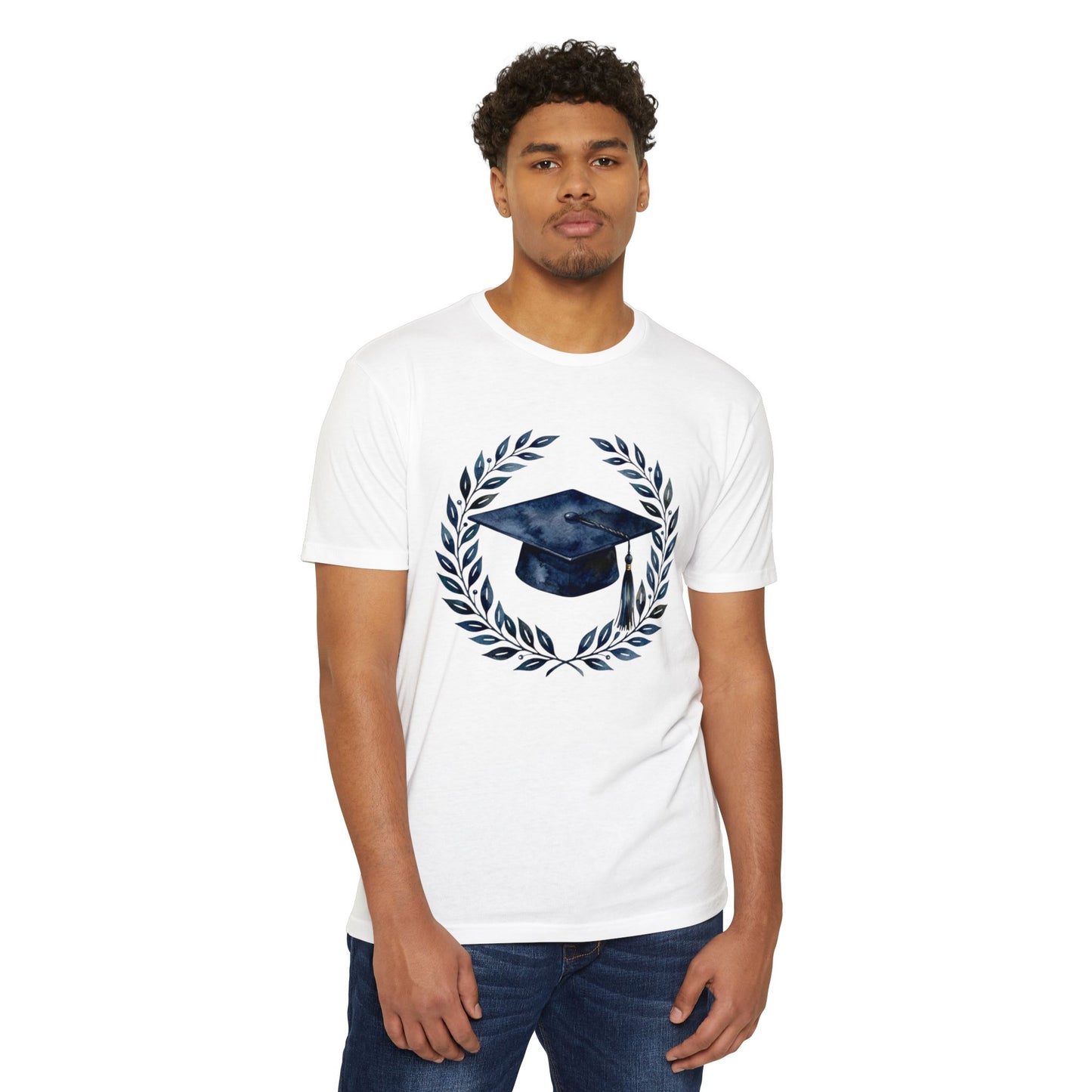 Graduation Cap Laurel T-Shirt — Navy Watercolor Grad Tee