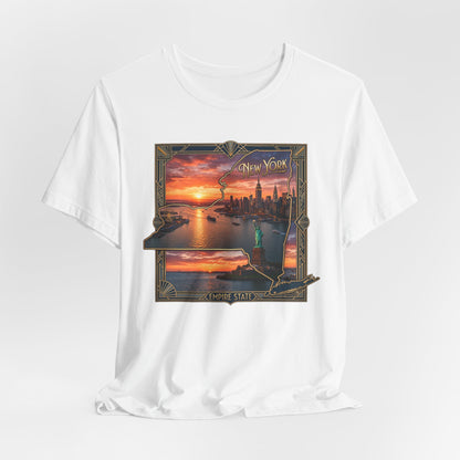 New York Sunset Skyline Tee — Statue of Liberty Vintage Travel T‑Shirt