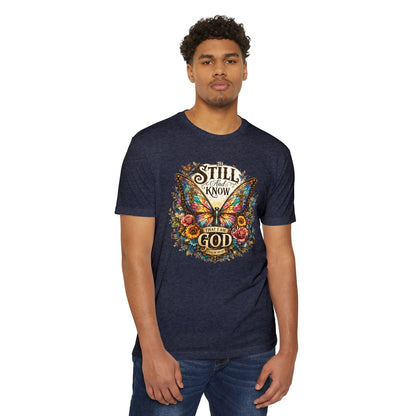 Christian Butterfly T-Shirt — "Be Still and Know That I Am God" Inspirational Tee