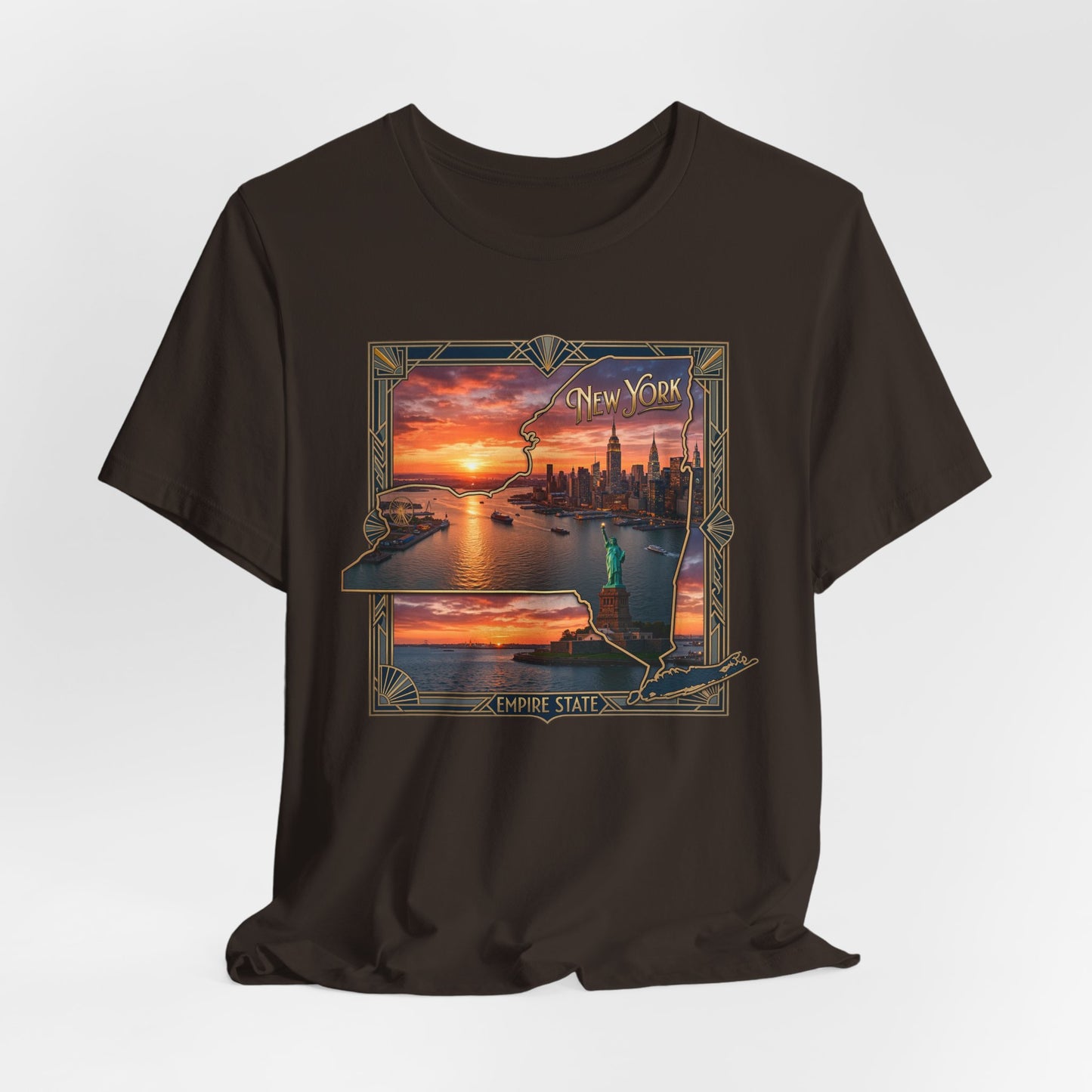New York Sunset Skyline Tee — Statue of Liberty Vintage Travel T‑Shirt