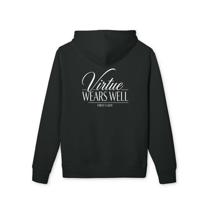 Hoodie — "Virtue Wears Well" Script Logo Pullover