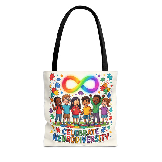 Celebrate Neurodiversity Tote Bag — Rainbow Infinity Symbol & Kids Design