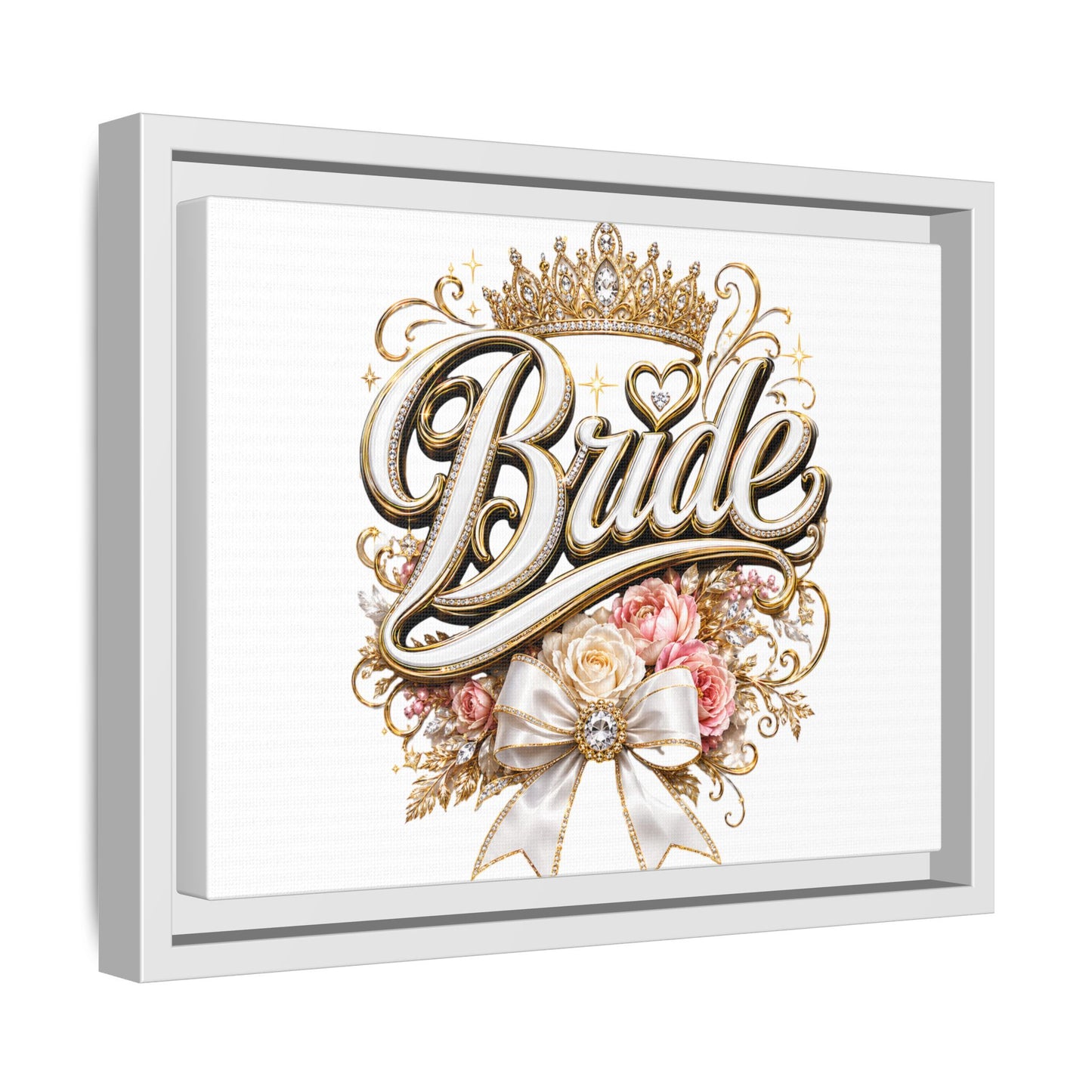 Framed Bride Canvas Wall Art — Elegant Bridal Crown & Floral Wedding Decor