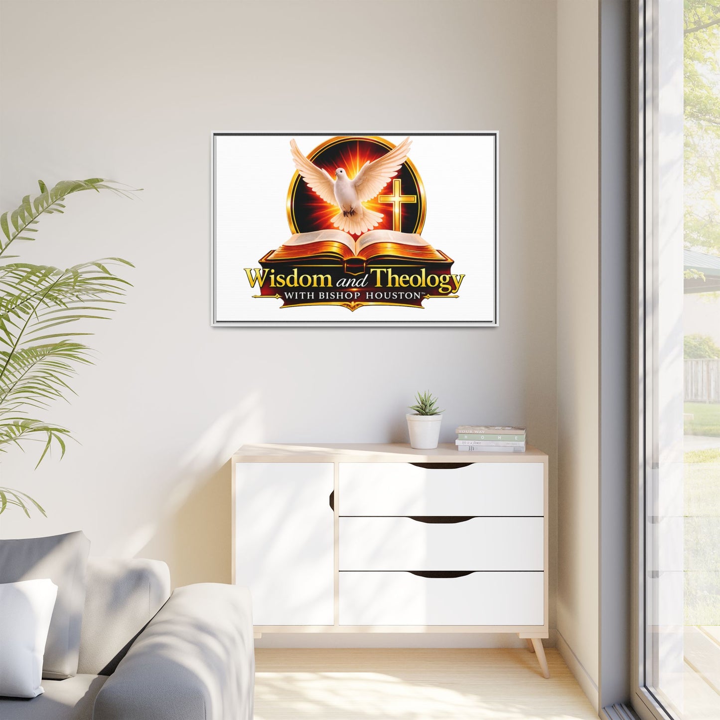 Framed Canvas Print — "Wisdom and Theology" Dove & Bible Wall Art