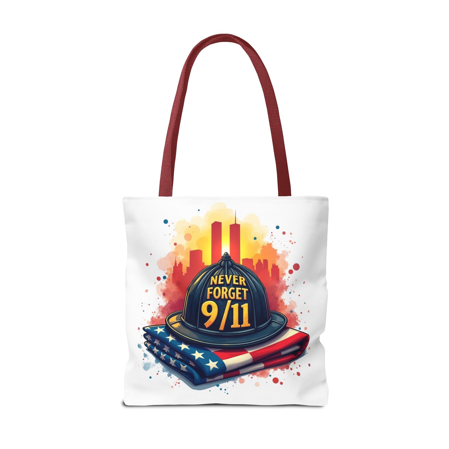 Never Forget 9/11 Memorial Tote Bag — Firefighter Helmet & Flag Tribute