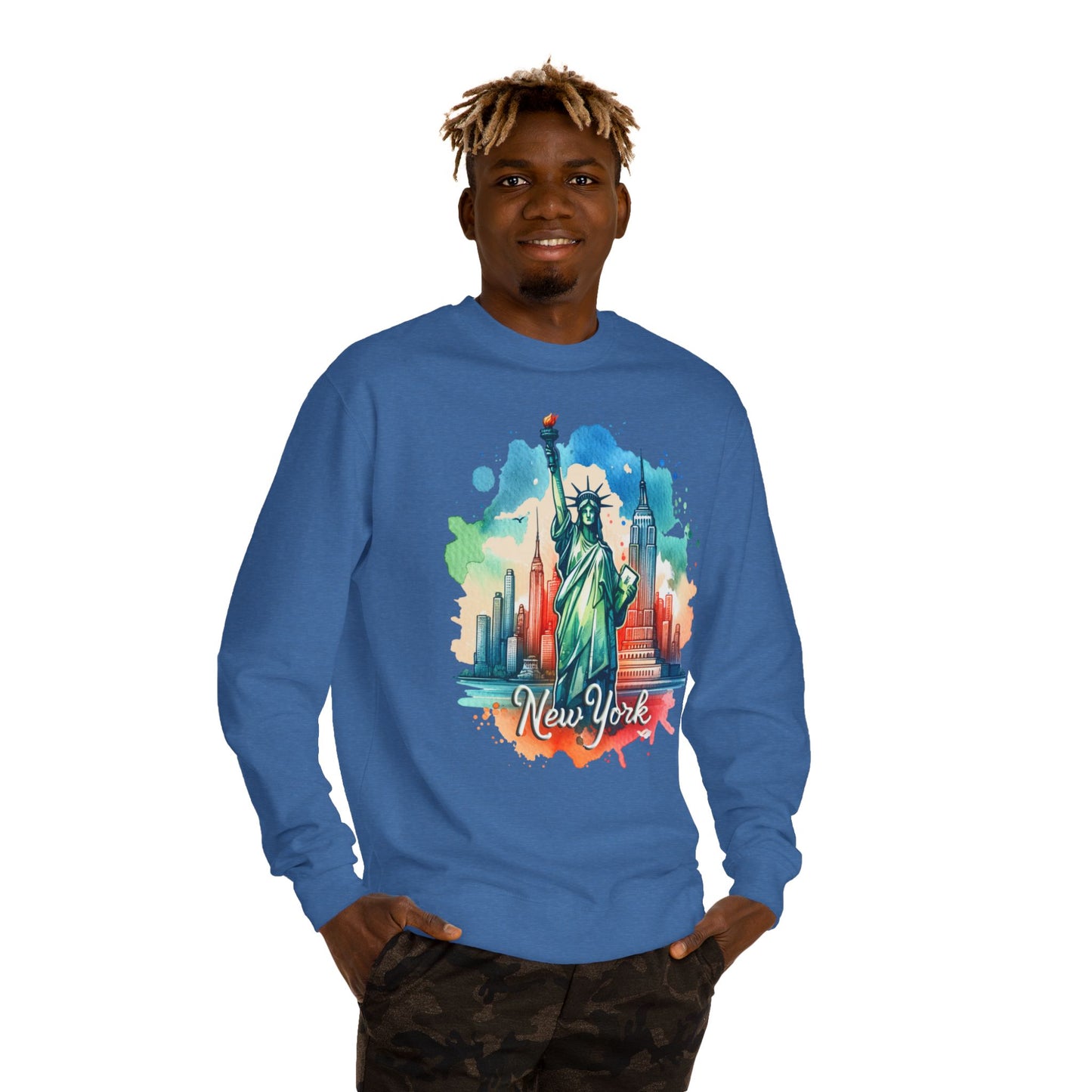 New York Skyline Sweatshirt — Colorful Statue of Liberty Cityscape Crewneck