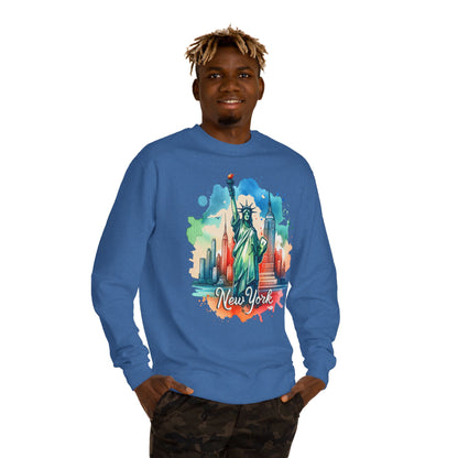 New York Skyline Sweatshirt — Colorful Statue of Liberty Cityscape Crewneck