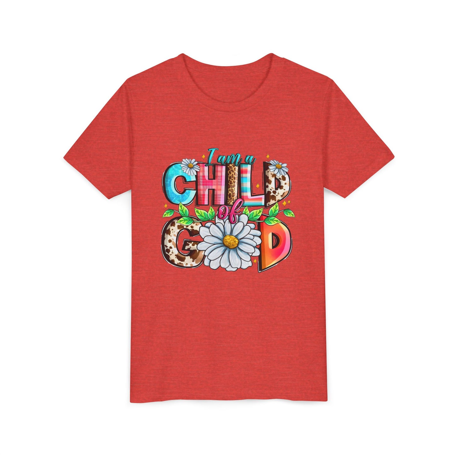 Youth Tee — "I Am a Child of God" Floral Christian Graphic
