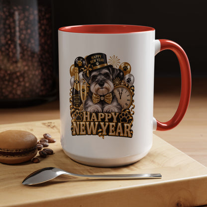 Happy New Year Dog Coffee Mug — Festive Black & Gold 11/15oz Accent Mug