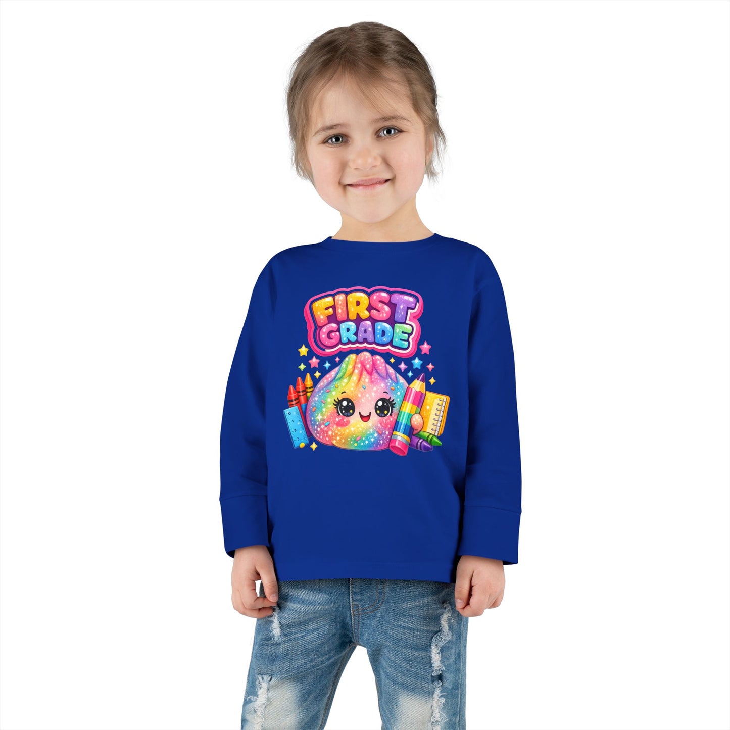 First Grade Toddler Long Sleeve Tee — Colorful Back-to-School Rainbow Crayon Design
