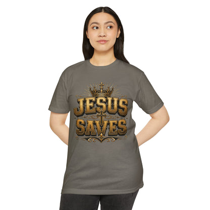 Jesus Saves T-Shirt — Christian Faith Graphic Tee with Crown & Cross