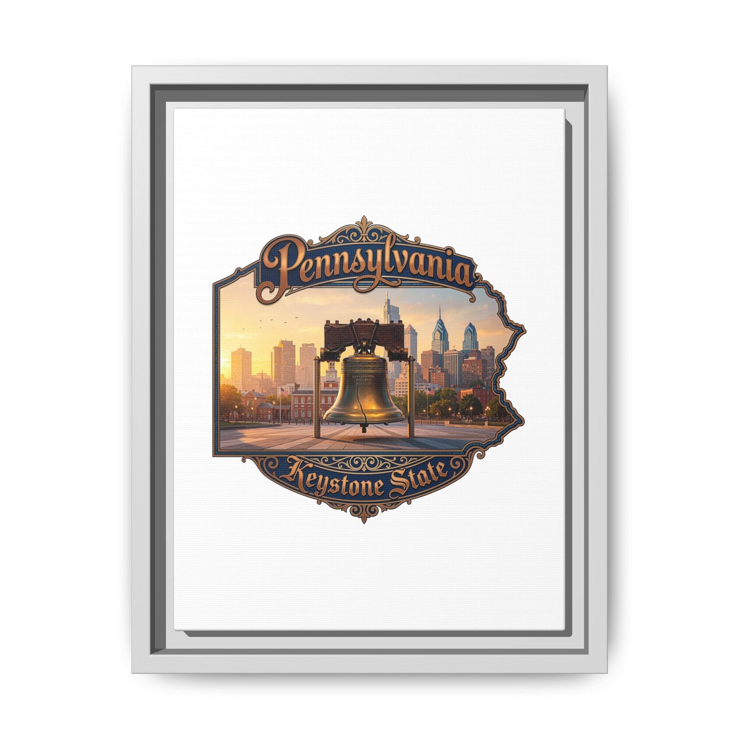 Pennsylvania Keystone State Framed Canvas Wall Art — Liberty Bell & Philadelphia Skyline