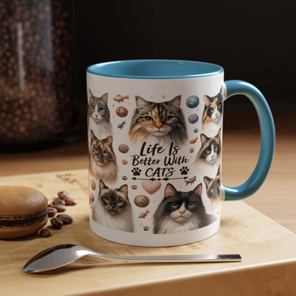 Life Is Better With Cats Accent Coffee Mug — Cat Lover Ceramic Mug (11/15oz)
