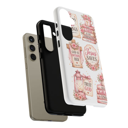 Christian Phone Case — Jesus Saves Floral Tough Case with 'God Is Within Her' & 'Trust God' Design
