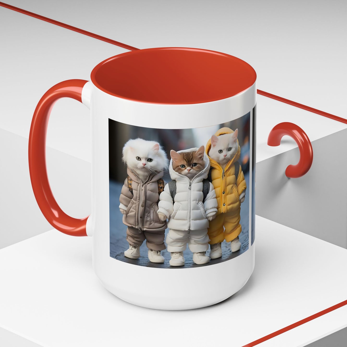 Cat Crew Accent Coffee Mug — Cute Kittens in Puffer Jackets (11/15oz)