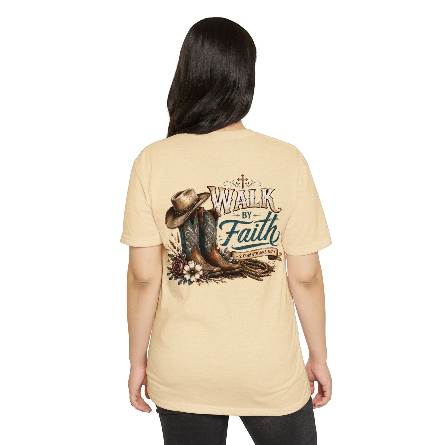Walk By Faith T-Shirt — Christian Cowboy Boots & Hat Graphic Tee