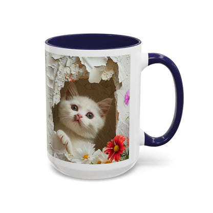 Peek-A-Boo Kitten Accent Coffee Mug — Cute Cat Floral Design (11/15oz)