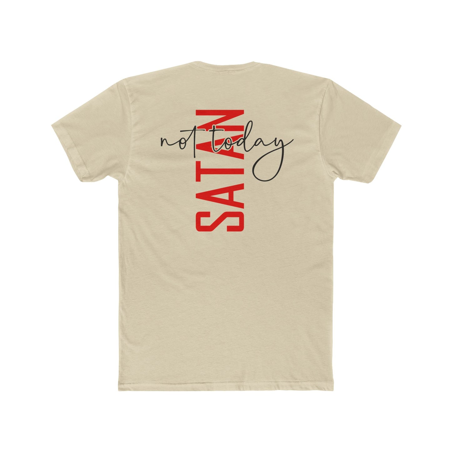 Crew Tee — "No Today Satan" Vertical Red Text Graphic T‑Shirt