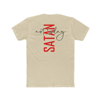Crew Tee — "No Today Satan" Vertical Red Text Graphic T‑Shirt