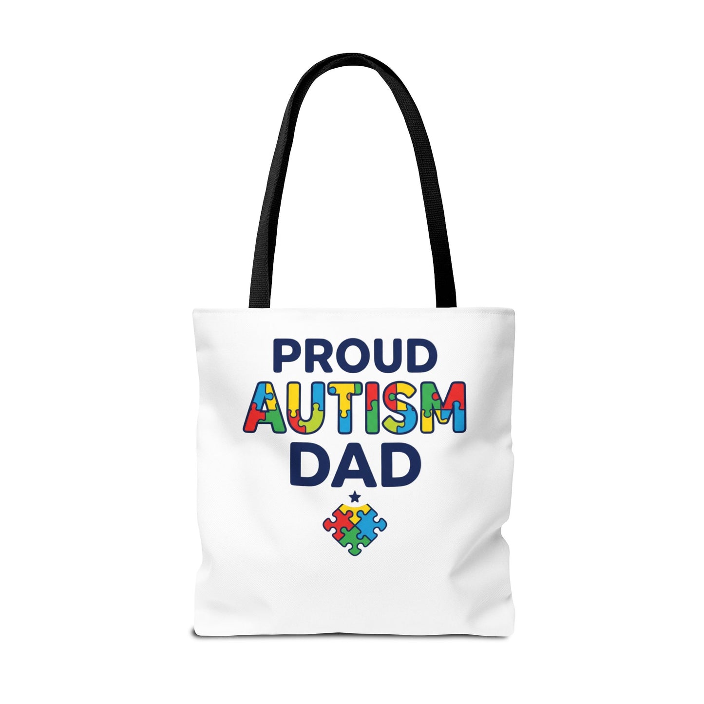 Proud Autism Dad Tote Bag — Colorful Puzzle-Heart Support Gift