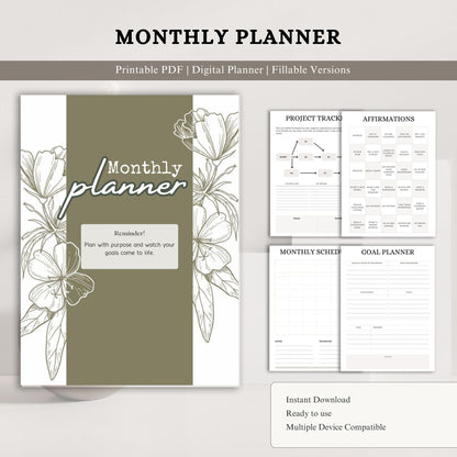 Monthly Planner Printable | Calendar Planner | Monthly Organizer | Goal Planner | Productivity Planner PDF