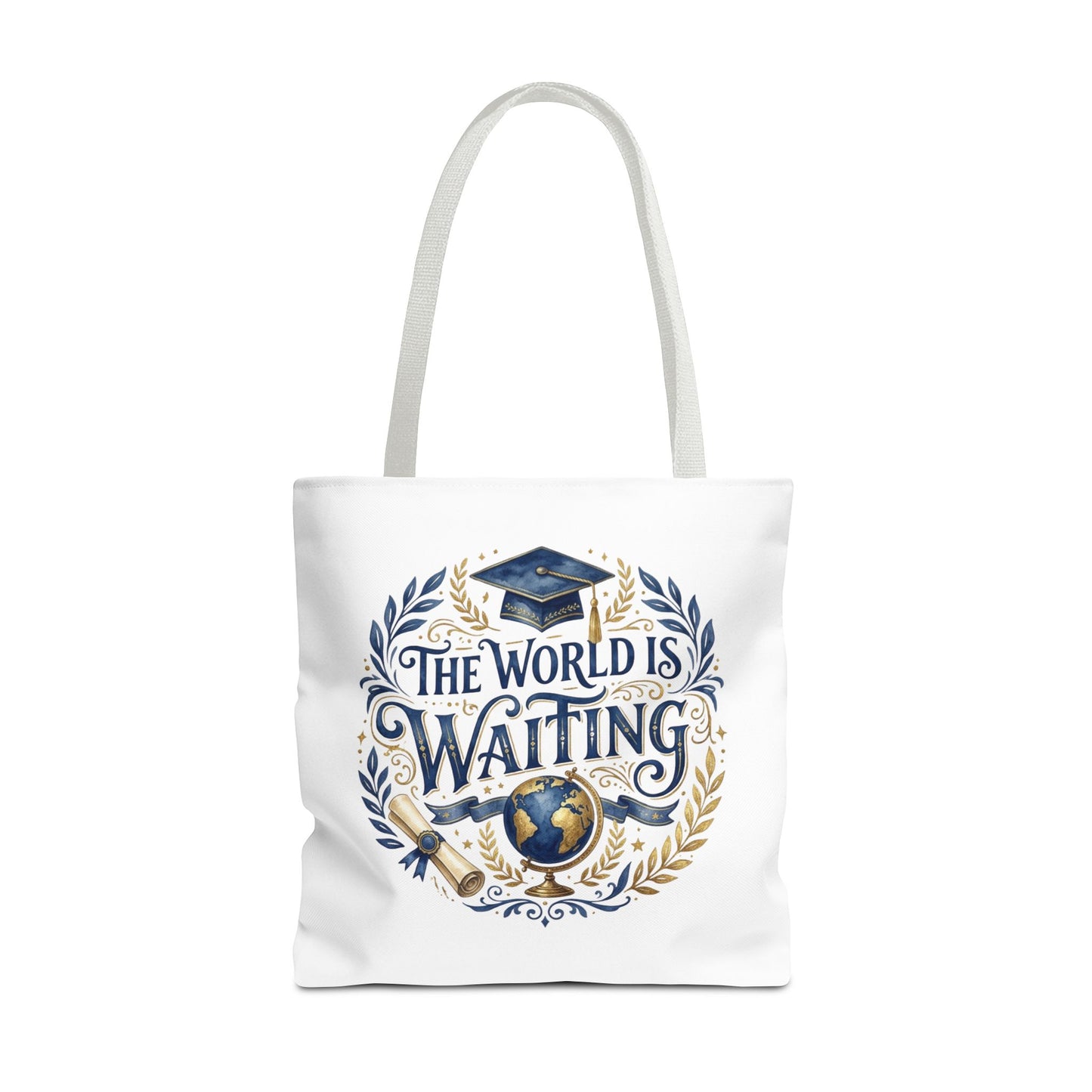 Graduation Tote Bag – "The World Is Waiting" Cap & Globe Design