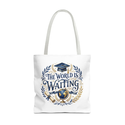Graduation Tote Bag – "The World Is Waiting" Cap & Globe Design