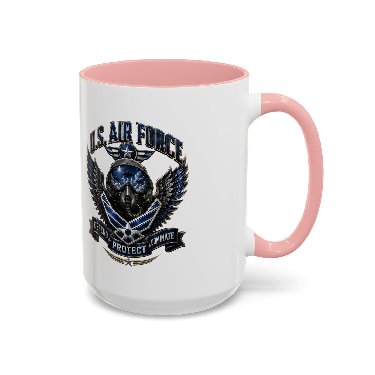 U.S. Air Force Emblem Accent Coffee Mug — Defend Protect Dominate (11/15oz)
