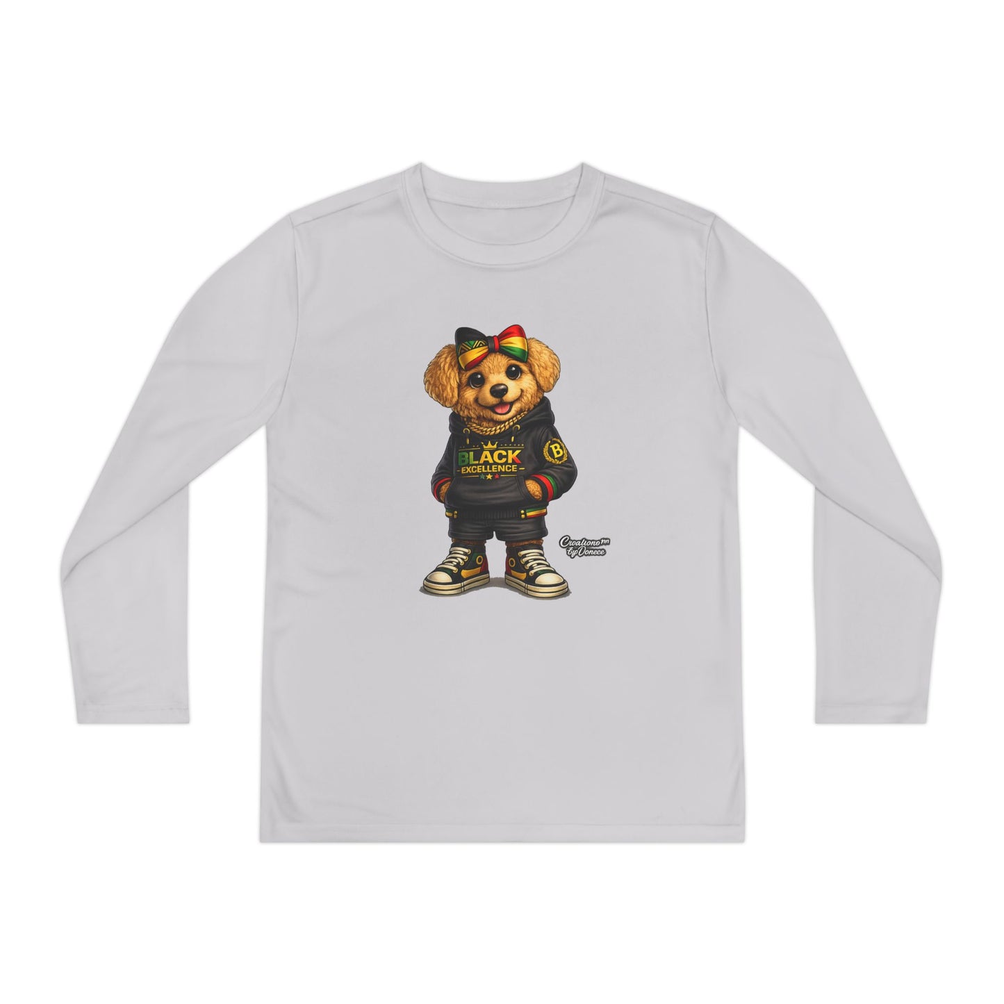 Youth Long Sleeve Tee — Trendy Bear Graphic "Black Excellence"