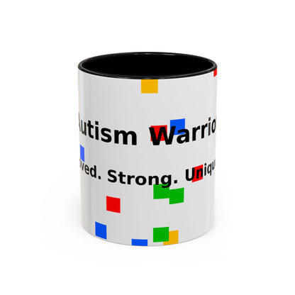 Autism Warrior Accent Coffee Mug – Bold Puzzle Pieces, Proud. Strong. Unique. (11/15oz)