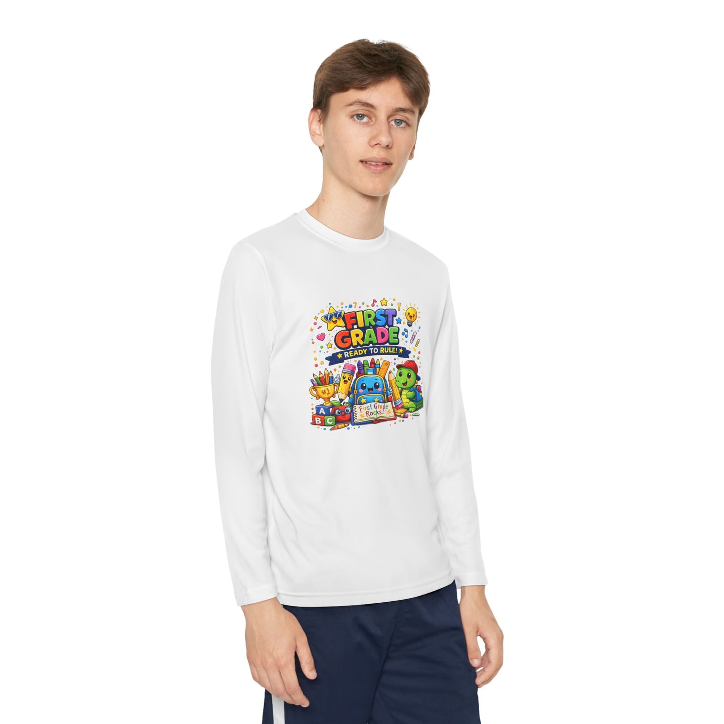 First Grade Ready Youth Long Sleeve Tee — "First Grade Here I Come" Back-to-School Shirt