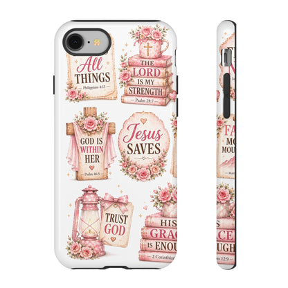 Christian Phone Case — Jesus Saves Floral Tough Case with 'God Is Within Her' & 'Trust God' Design