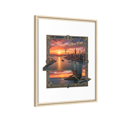 Framed Matte Canvas Wall Art — New York City Sunset Skyline with Statue of Liberty