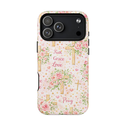 Faith Grace Love Tough Magnetic Phone Case — Floral Cross Protective Cover