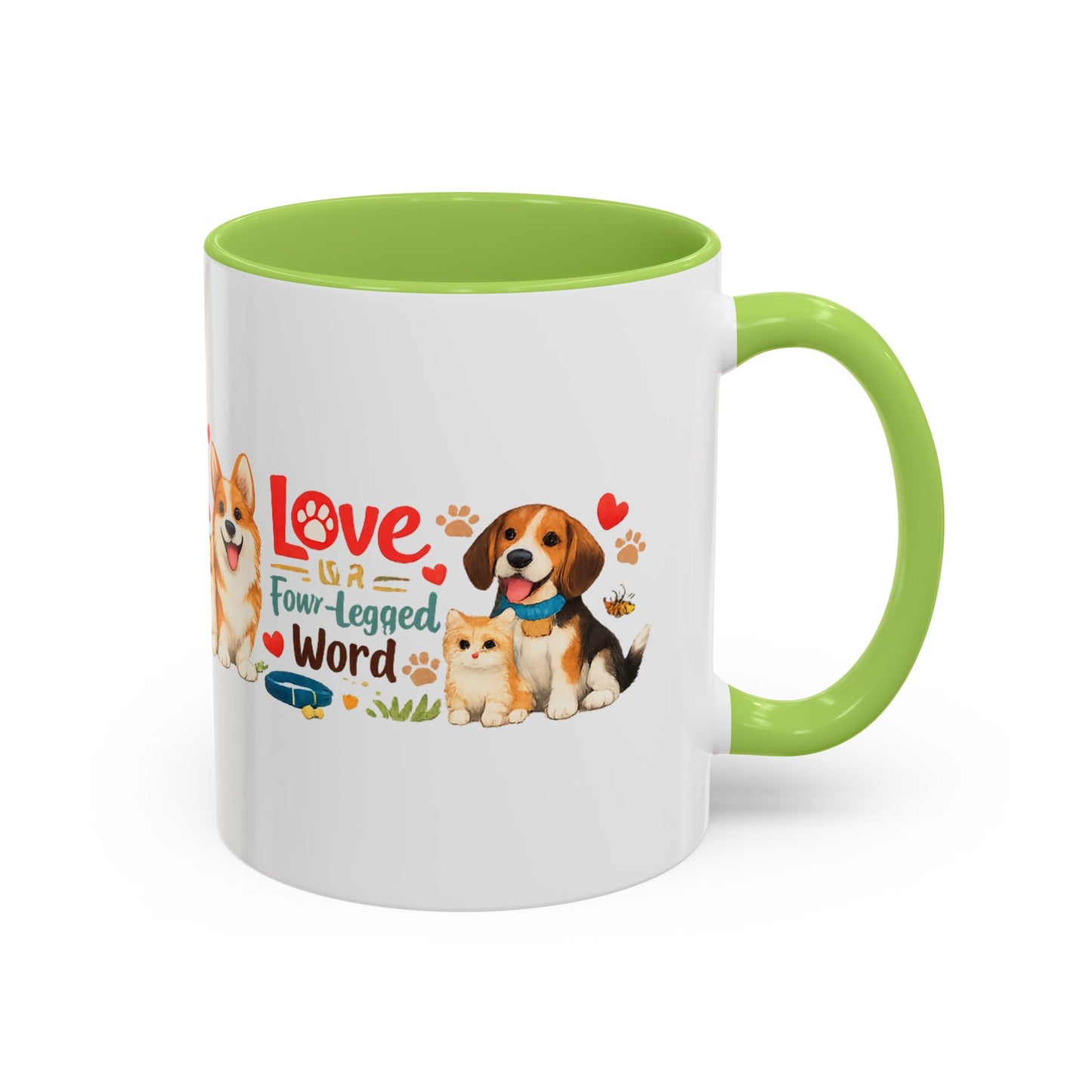 Dog Lover Accent Coffee Mug — “Love is a Four-Legged Word” Ceramic Gift