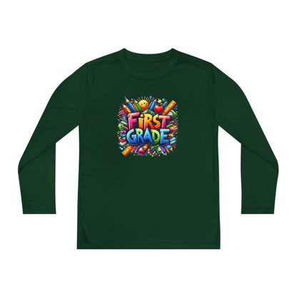 First Grade Youth Long Sleeve Tee — Colorful Back-to-School Shirt